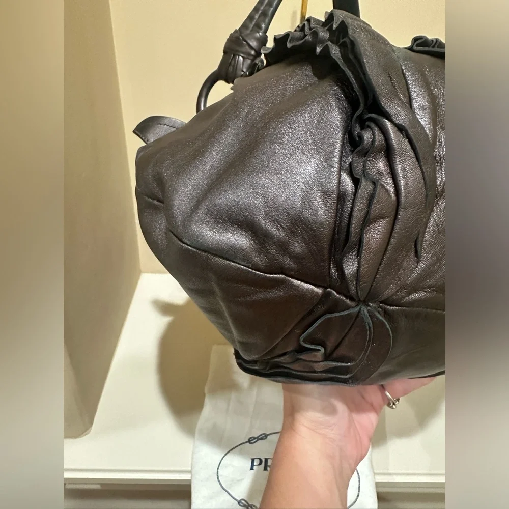 PRADA Nappa Mordore Leather Brown Ruffle Bag - Picture 8 of 14